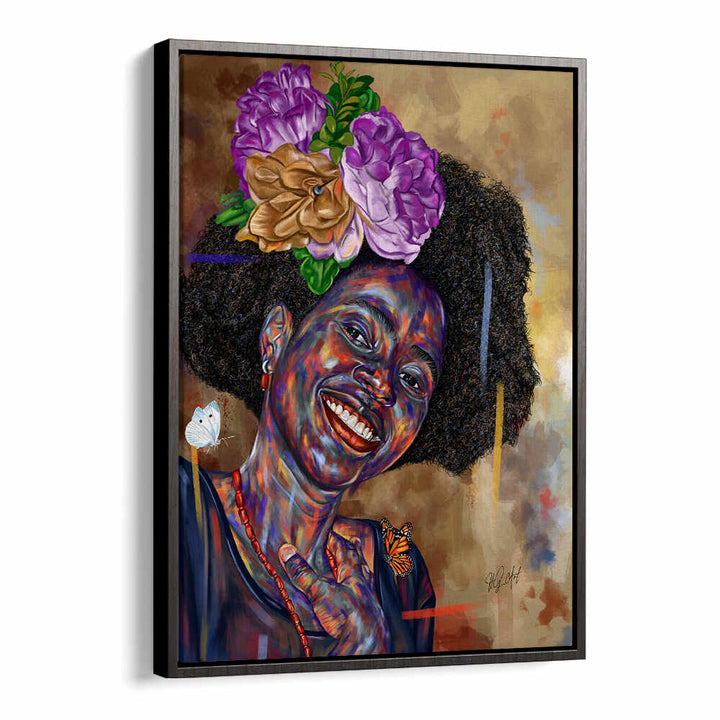 GOOD FEELINGS , PORTRAITS colorful framed portrait of smiling woman with afro, flowers and butterflies — BLACKFLOATER