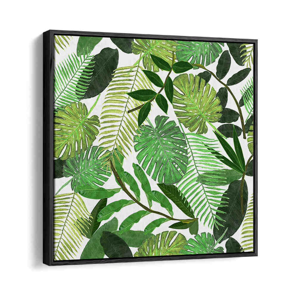 GREEN TROPICAL WATERCOLOR LEAVES , FLORAL FLOWER PAINTINGS wall art with layered palm, monstera and fern leaves