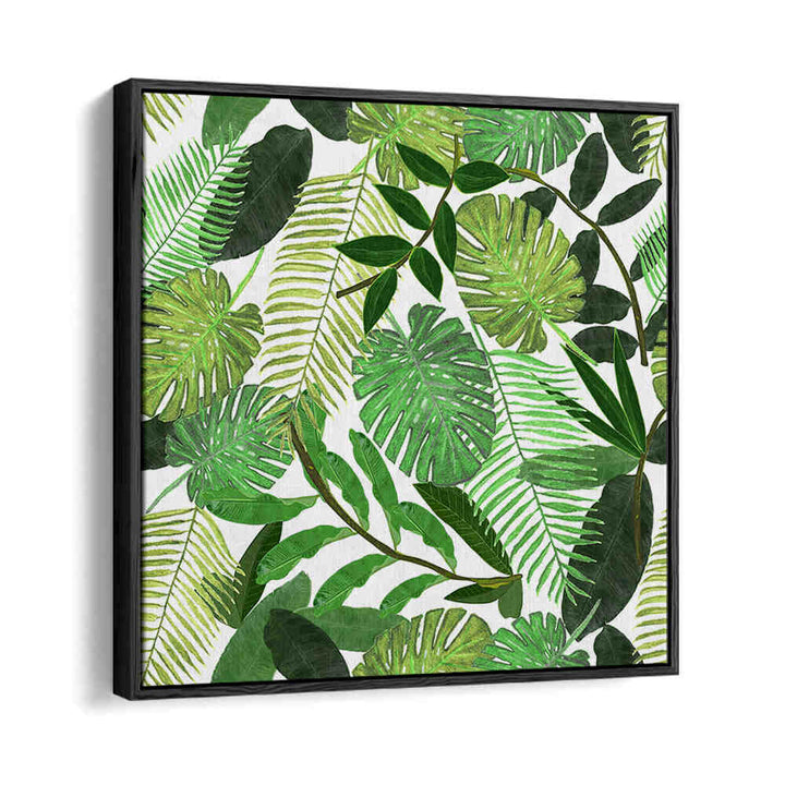 GREEN TROPICAL WATERCOLOR LEAVES , FLORAL FLOWER PAINTINGS wall art with layered palm, monstera and fern leaves