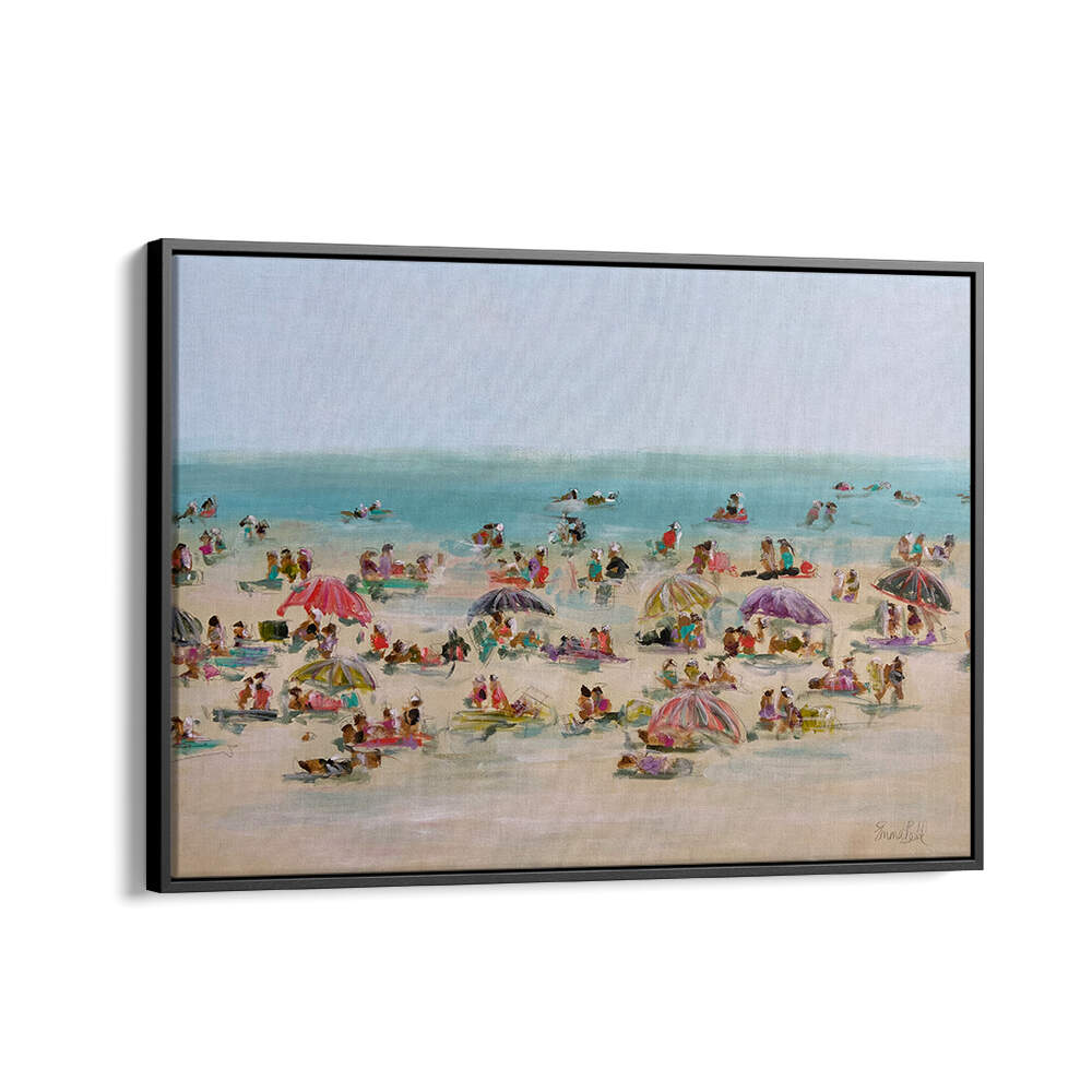 Vibrant IMPRESSIONIST BEACH SCENE, BEACH PAINTINGS showcasing lively beachgoers under colorful umbrellas for coastal decor.
