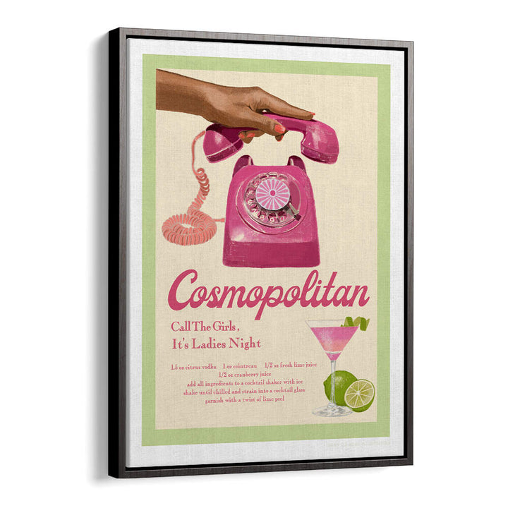 JLR COCKTAILS COSMOPOLITAN, FASHION POSTERS featuring a vintage pink telephone and cocktail recipe for a stylish vibe.