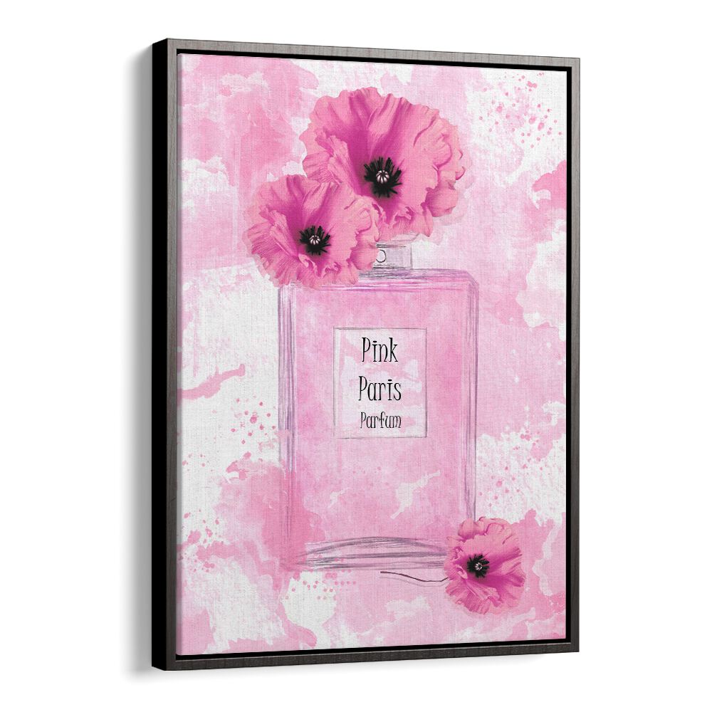 Elegant PINK PARIS PARFUM fashion poster showcasing a chic pink perfume bottle with floral accents for a stylish decor.