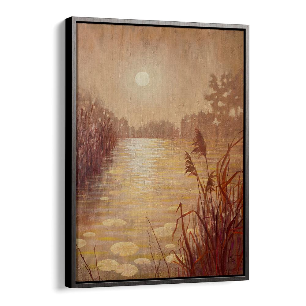 Pond with reeds at sunset, landscape paintings showcasing serene beauty for your home decor. Perfect for nature lovers.