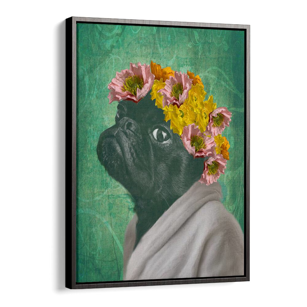 Charming PUG PORTRAIT, FASHION POSTERS featuring a stylish pug in flowers, perfect for dog lovers' decor.