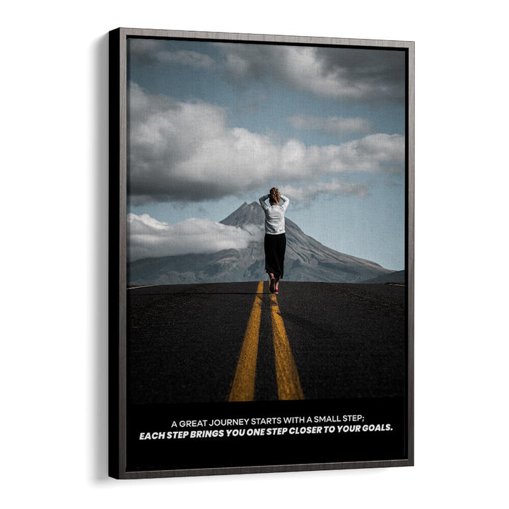 BLACKFLOATER SMALL STEPS , QUOTES & TYPOGRAPHY POSTERS: a person walking down a road toward distant mountains.