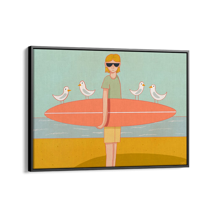 Vibrant SEAGULL SURF CREW, BEACH PAINTINGS artwork featuring a surfer and seagulls, perfect for coastal decor.