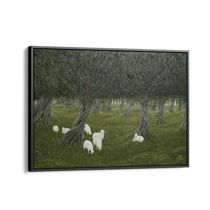 SHAMBLE GROVE, ANIMAL PAINTINGS showcase serene sheep under twisting olive trees, perfect for enhancing any space.