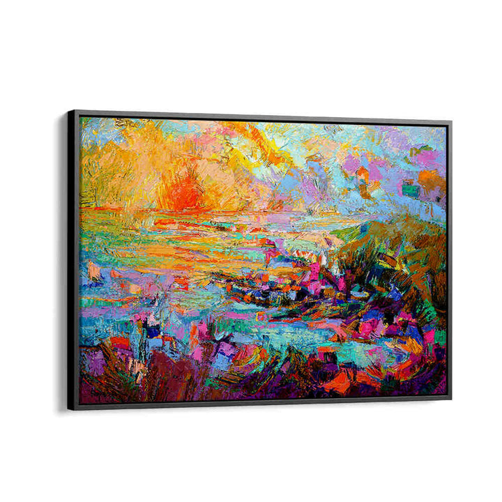 BlackFloater framed abstract coastal sunset with vibrant brushstrokes, SUNSET OVER , LANDSCAPE PAINTINGS