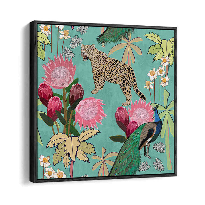 Blackfloater TIGER AND PEACOCK , ANIMAL PAINTINGS featuring a prowling tiger and peacock on a turquoise floral framed canvas