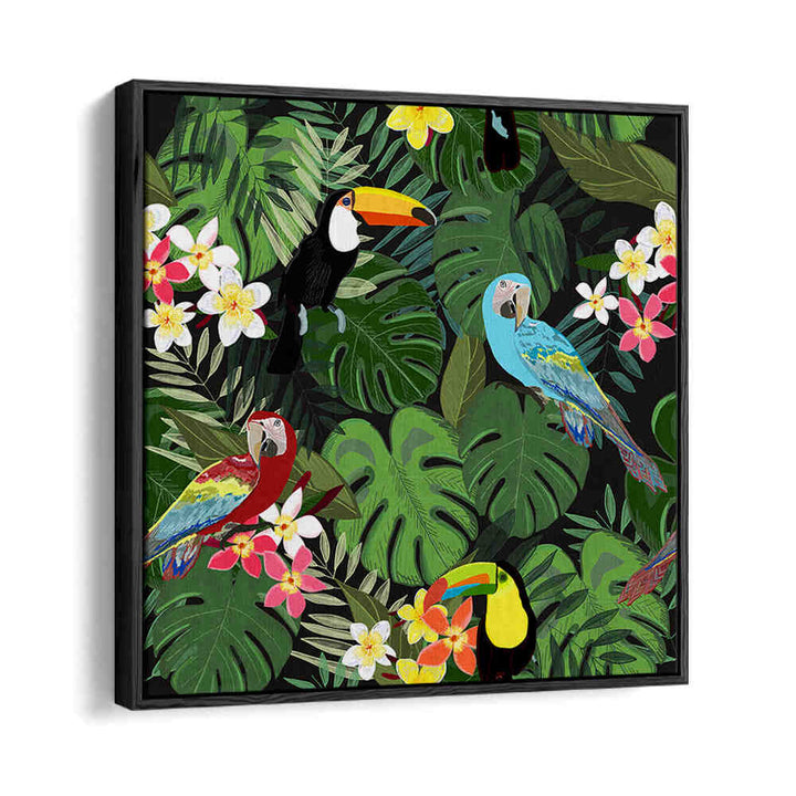 TROPICAL FOREST BLACK , ANIMAL PAINTINGS framed wall art with toucans, macaws and tropical leaves on black backdrop