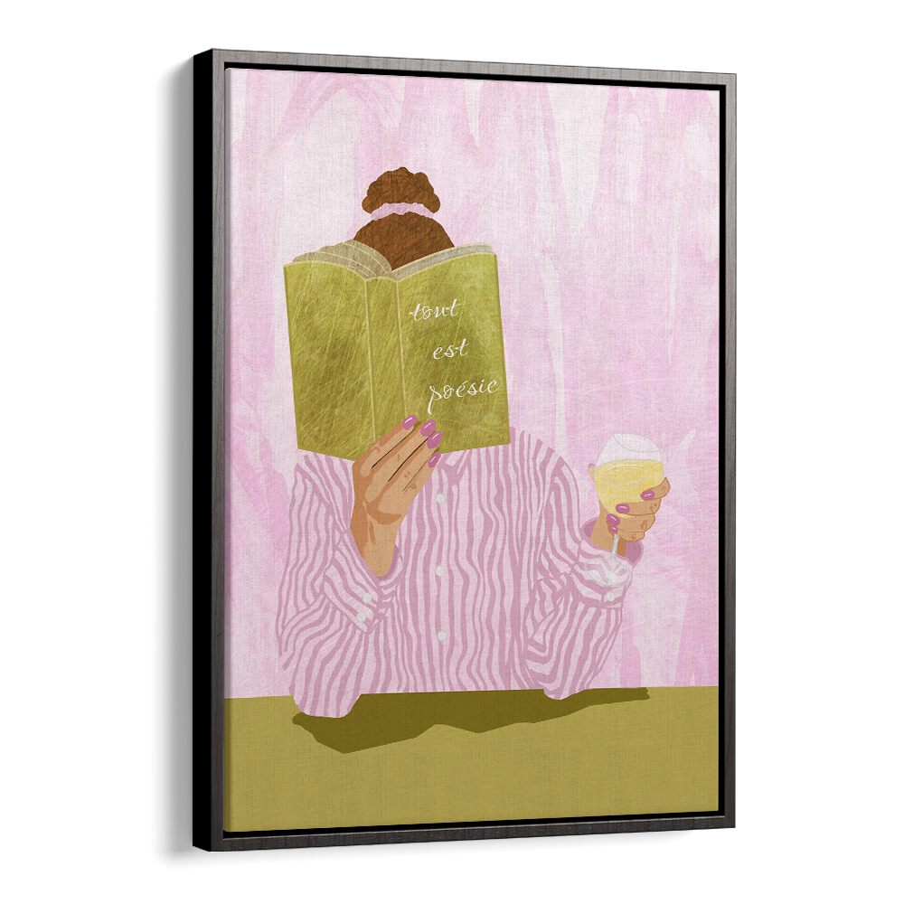 Elegant TOUT EST POESIE, FASHION POSTERS showcasing artistic style with a figure reading a book and sipping a drink.