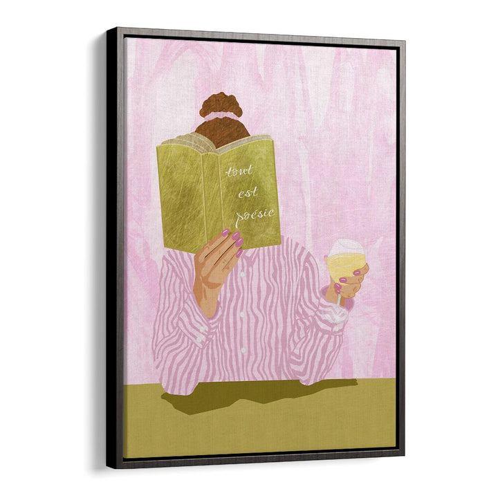 Elegant TOUT EST POESIE, FASHION POSTERS showcasing artistic style with a figure reading a book and sipping a drink.