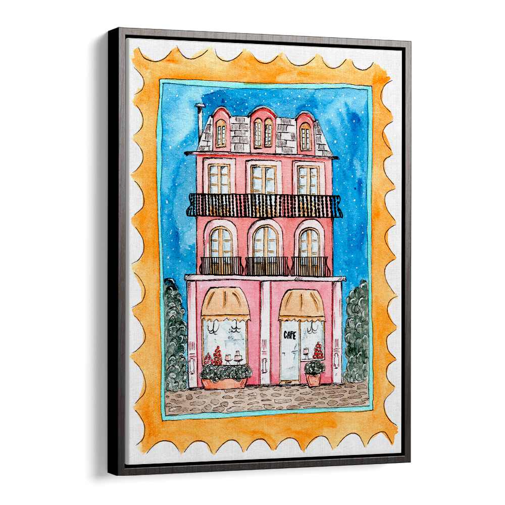 Charming artwork of a café building, perfect for enhancing ambiance at CAFE MID NIGHT, BAR & CAFE ART venues.