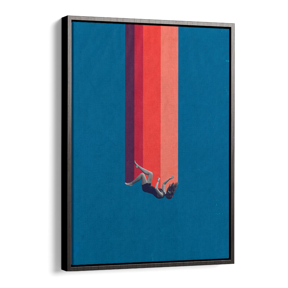 Surreal art print titled FALLING LOVE, showcasing a figure falling against vibrant colors, perfect for modern decor.