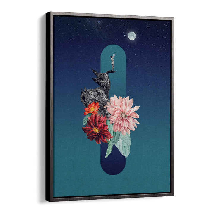 Surreal art print featuring a full moon, vibrant flowers, and ethereal elements in stunning detail. Perfect for decor.
