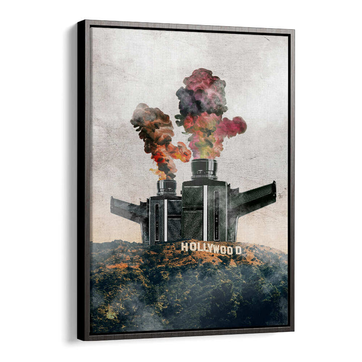 Surreal art print featuring a stylized Hollywood scene with vibrant smoke, perfect for art lovers seeking HOLLYWOOD, SURREAL ART PRINTS.
