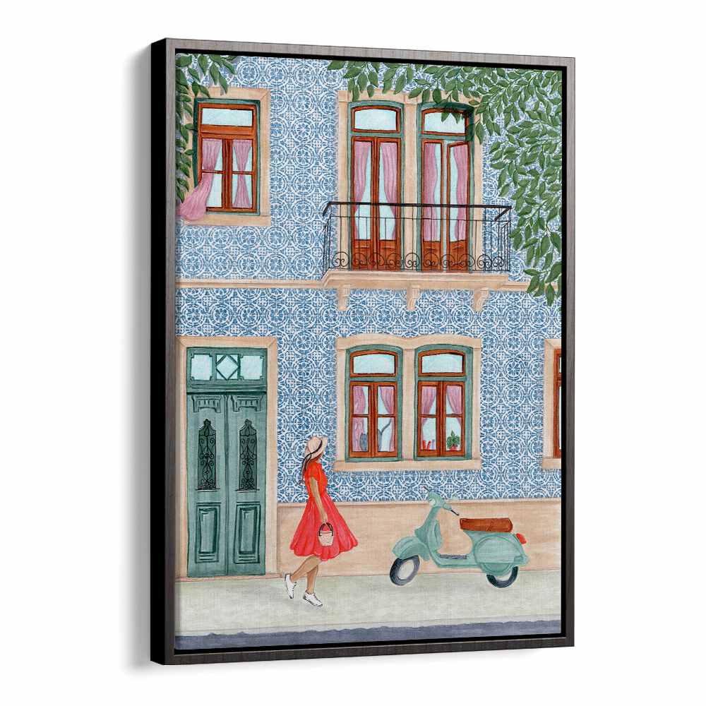 Vibrant art of a stylish lady with scooter, perfect for Bar & Cafe ambiance enhancement. Ideal for any decor.