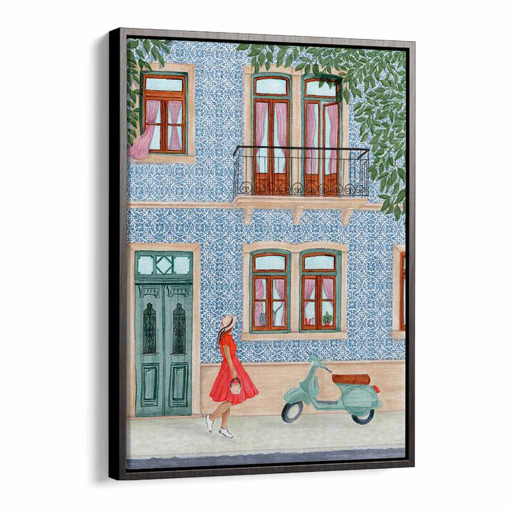 Vibrant art of a stylish lady with scooter, perfect for Bar & Cafe ambiance enhancement. Ideal for any decor.
