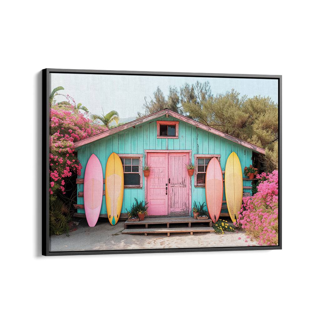Colorful surfboards adorn a charming beach house in PARADISE LOST, BEACH PAINTINGS by Philippe Hugonnard.