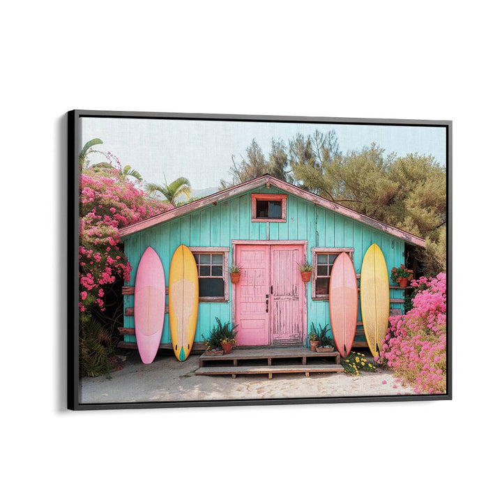 Colorful surfboards adorn a charming beach house in PARADISE LOST, BEACH PAINTINGS by Philippe Hugonnard.