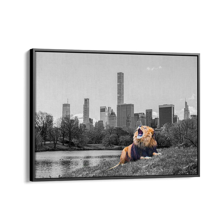 Bold lion roars against a New York skyline in NEW YORK ROAR, ANIMAL PAINTINGS, capturing urban energy and spirit.