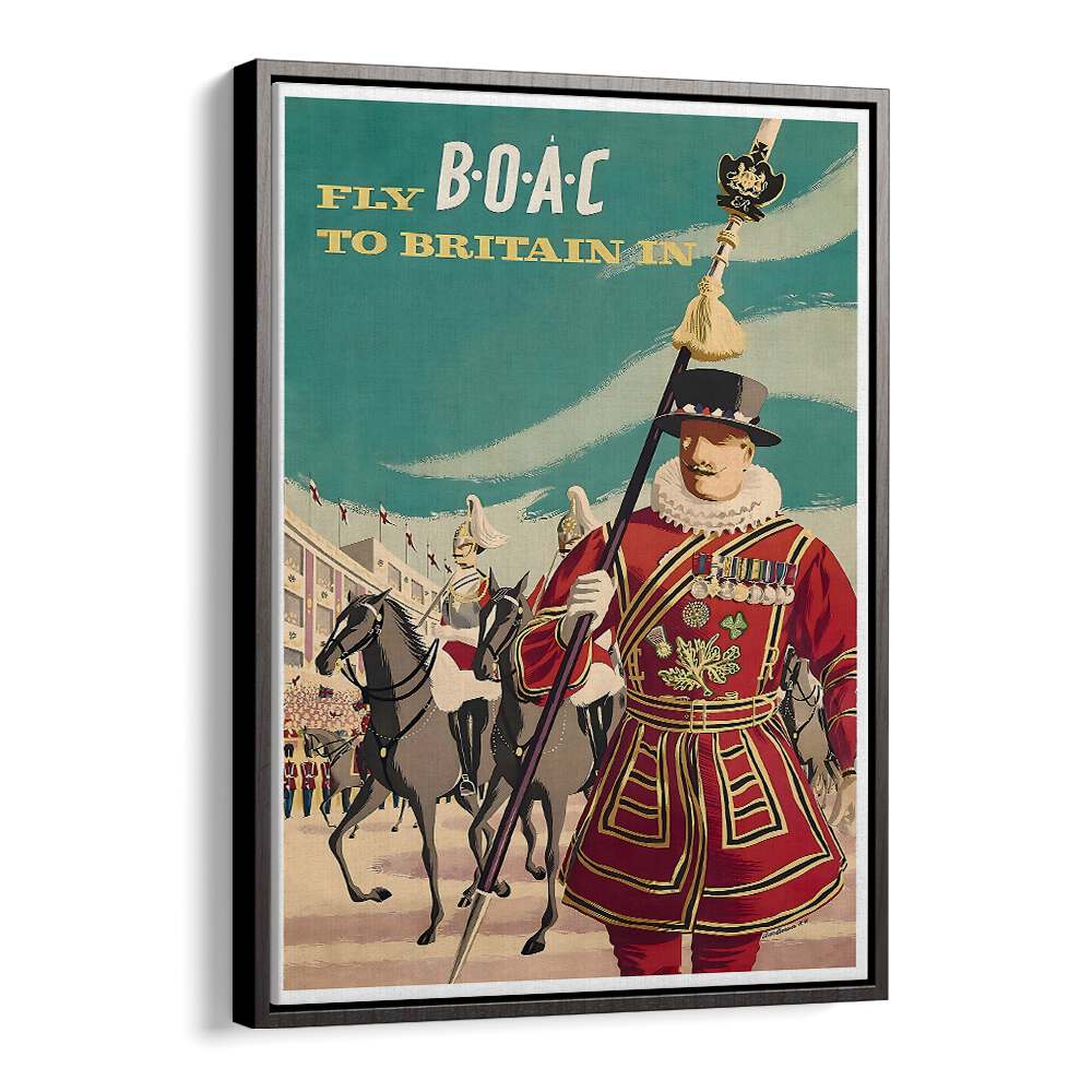 Vintage travel poster showcasing Britain's heritage, featuring a royal guard. Perfect for BRITAIN, VINTAGE TRAVEL POSTERS collection.