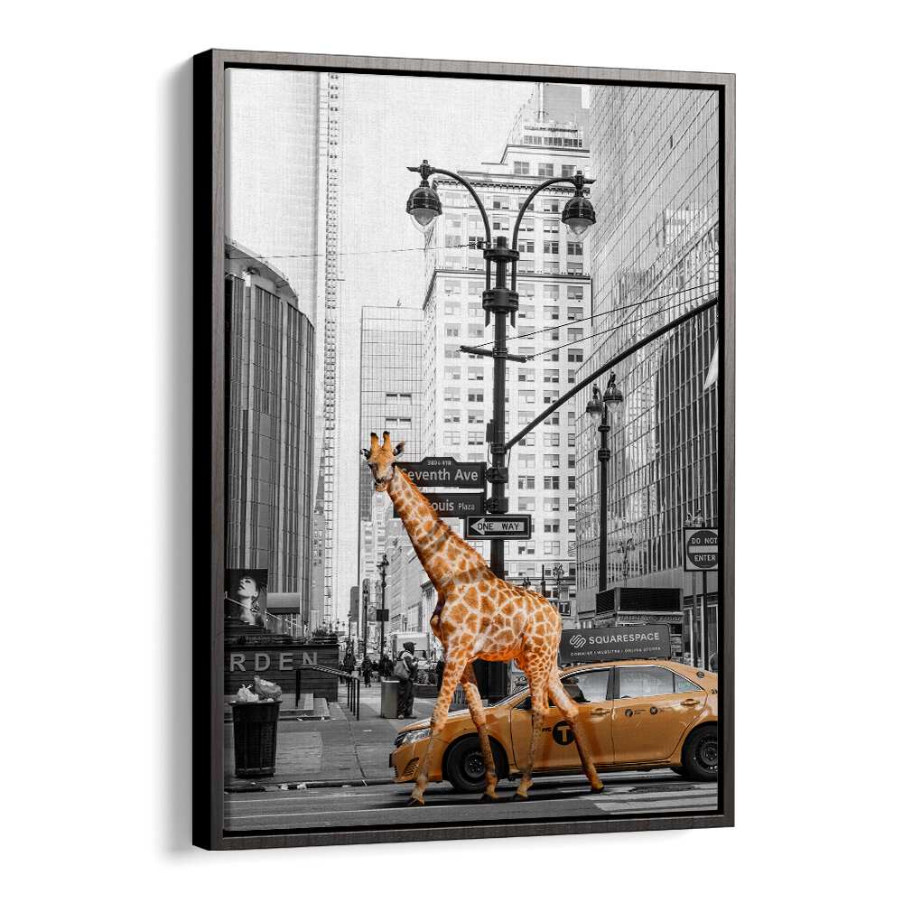 Giraffe crossing a street in a vibrant city scene, perfect for your MORNING WALK, ANIMAL PAINTINGS collection.