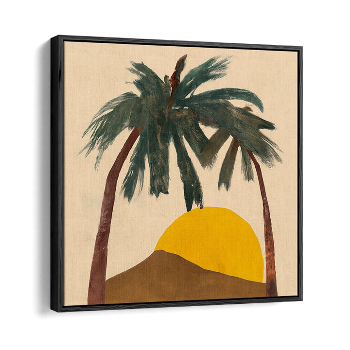 ARCHY PALMS , BEACH PAINTINGS featuring two palm trees with a yellow sun and hill, perfect for coastal decor.