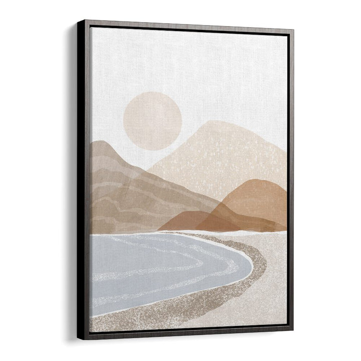 Serene BEACH SUNSET ART, LANDSCAPE PAINTINGS featuring soft tones of mountains and water, perfect for coastal charm.