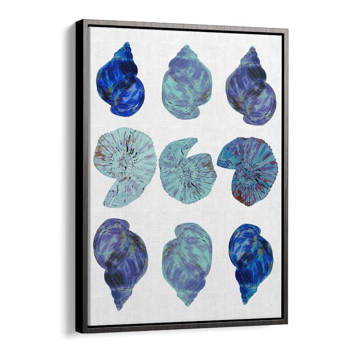 Vibrant BLUE SEA SHELLS, BEACH PAINTINGS capturing coastal beauty for a serene home decor accent.