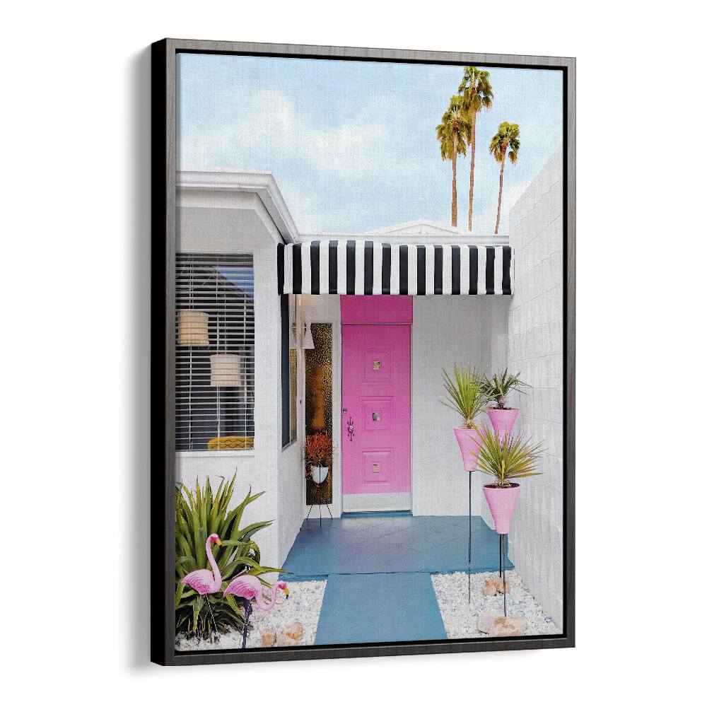 surreal painting - PINK DOOR WITH YARD FLAMINGOS by Asianmonk