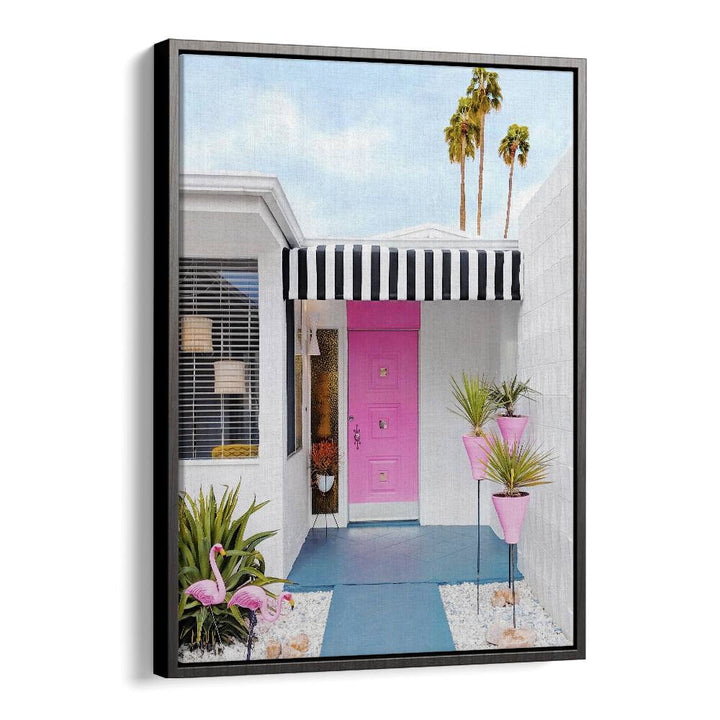 surreal painting - PINK DOOR WITH YARD FLAMINGOS by Asianmonk