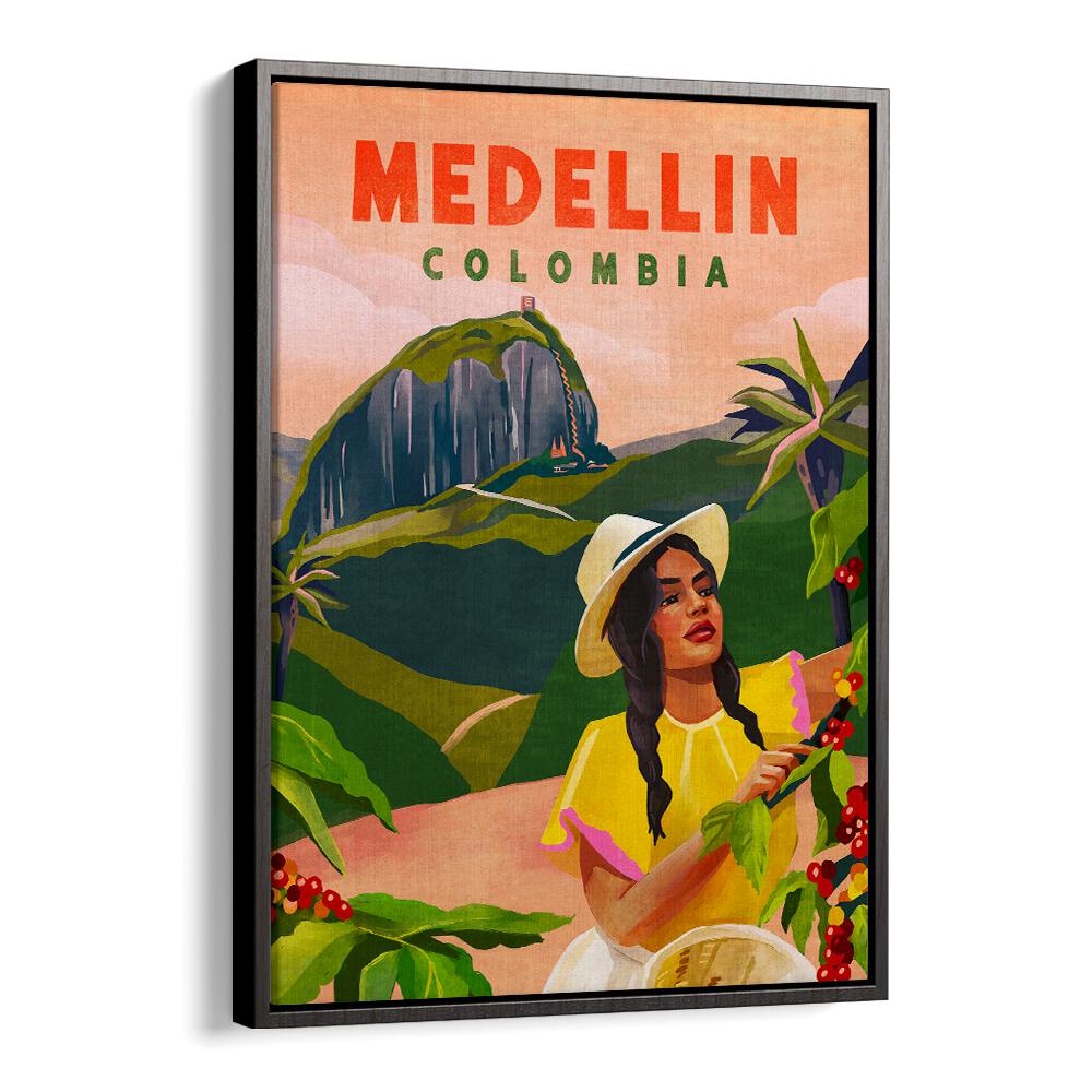 Vibrant Medellin Colombia vintage travel poster showcasing unique women illustrations and lush landscapes.