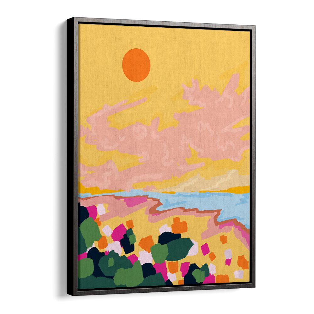 Vibrant SUN EMBRACE, LANDSCAPE PAINTINGS featuring colorful sunset and blooming flowers, perfect for your decor.