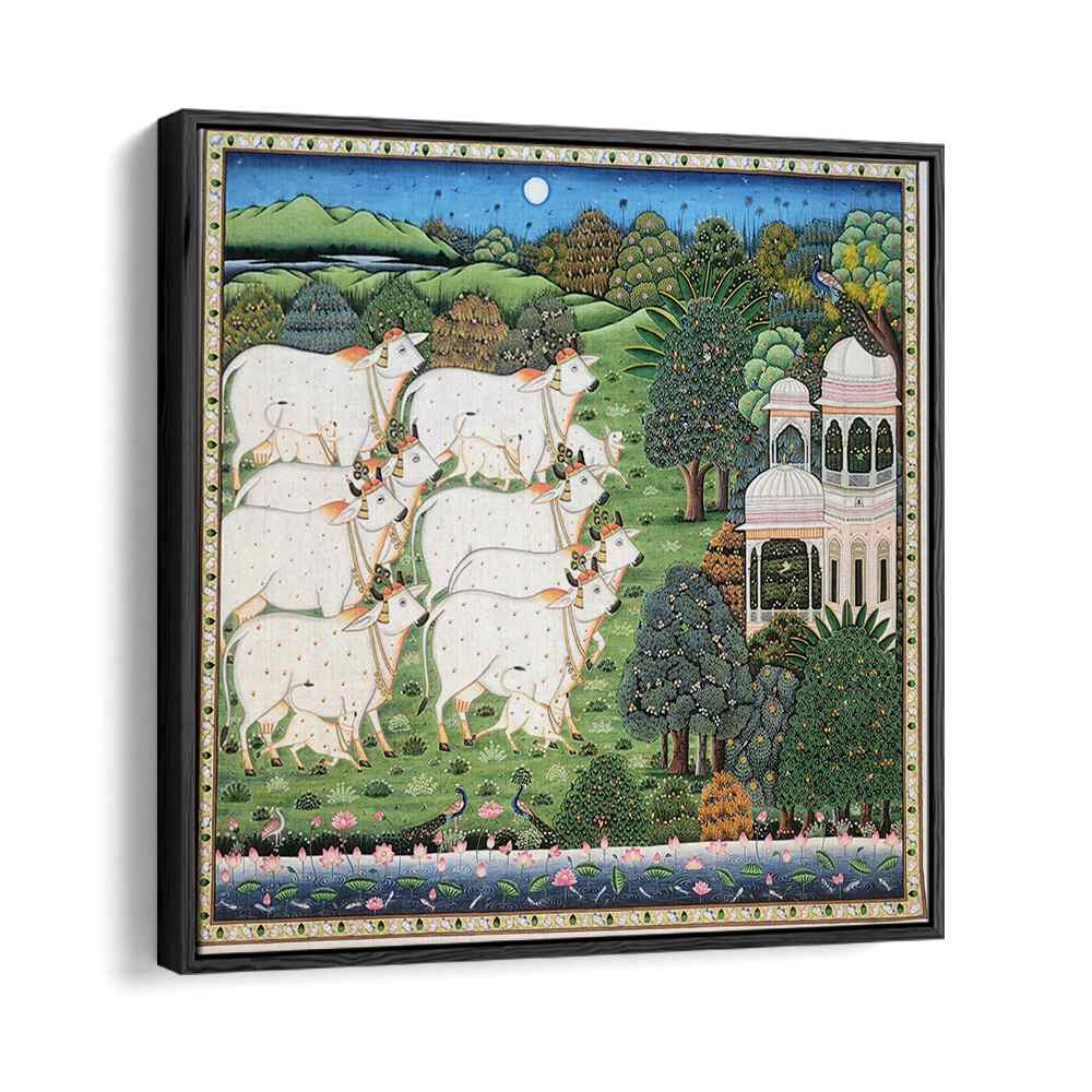 COW AND CALF PICHWAI, INDIAN ART PAINTINGS showcase vibrant rural life, beautifully hand-painted by skilled artisans.