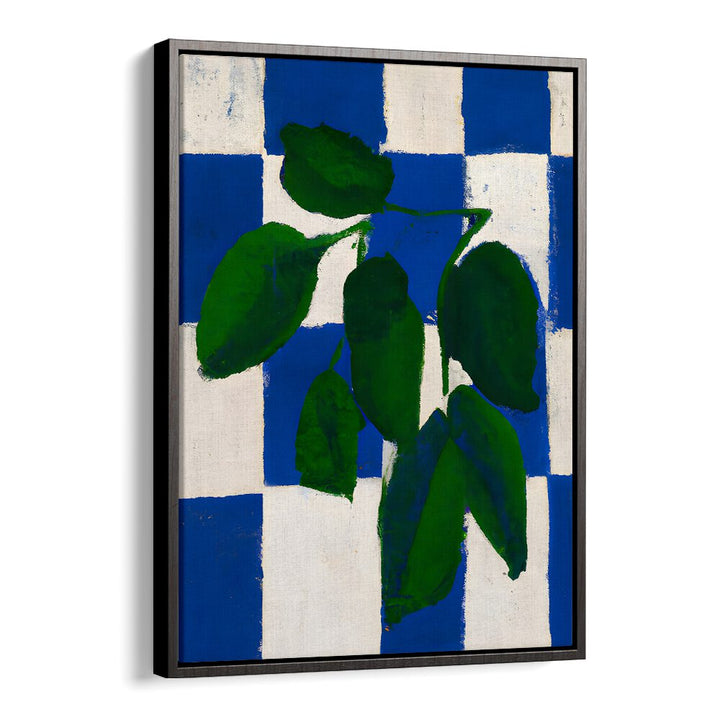 CHECKERED GREENERY , KITCHEN POSTERS featuring bold green leaves on blue and white checkered background for stylish kitchen decor