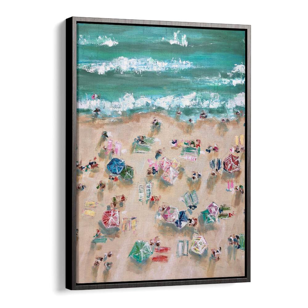 Vibrant SUNBATHERS, BEACH PAINTINGS showcase colorful umbrellas and sunbathers on a lively sandy shore.