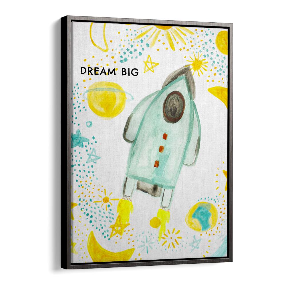Colorful DREAM BIG, KIDS ROOM PAINTINGS featuring a rocket and stars, perfect for inspiring children's creativity.