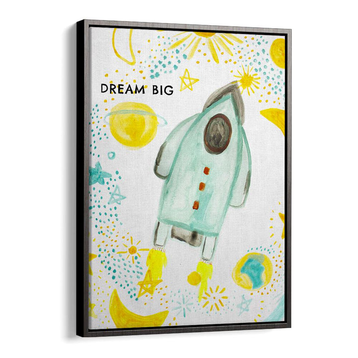 Colorful DREAM BIG, KIDS ROOM PAINTINGS featuring a rocket and stars, perfect for inspiring children's creativity.