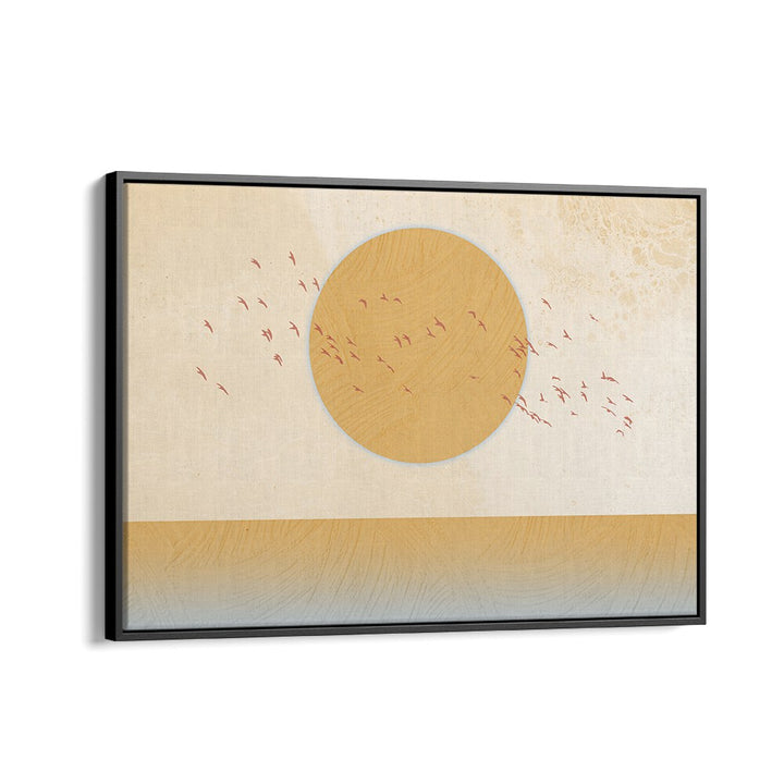 GOLDEN SUN, LANDSCAPE PAINTINGS showcase a serene sun and flying birds, adding warmth to any space.