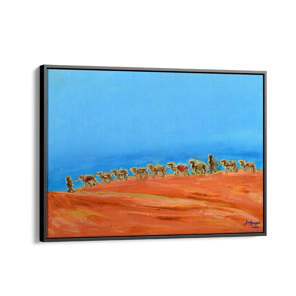 Colorful CAMELS traverse a vibrant landscape in this stunning LANDSCAPE PAINTING, perfect for art lovers.