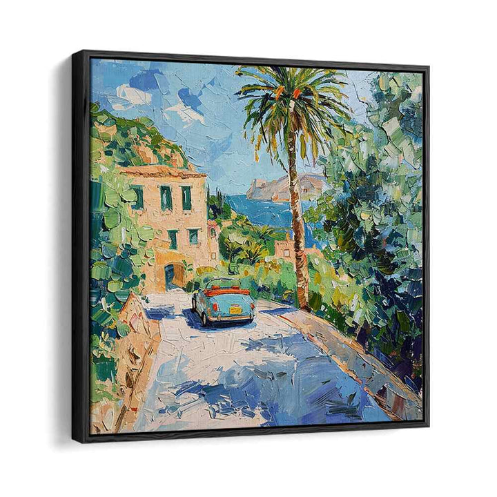 Stunning CAR ON THE ROAD artwork captures a vibrant landscape with lush greenery and coastal views.