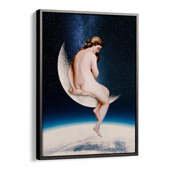 Stunning MOONWATCHER, ALTERED ART PRINTS featuring a celestial figure on a crescent moon against a starry background.