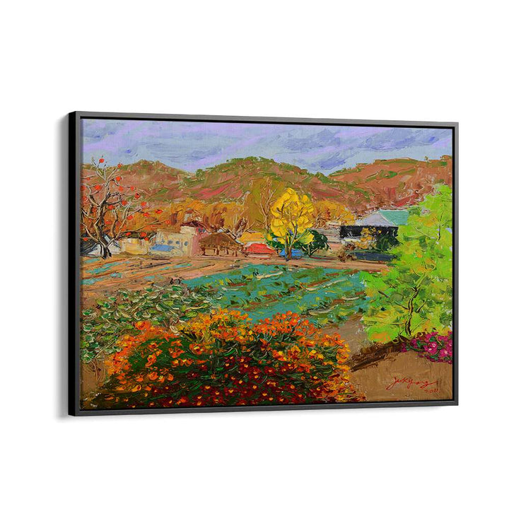 Vibrant CHRYSANTHEMUM VILLAGE, LANDSCAPE PAINTINGS showcasing colorful fields and serene hills in autumn hues.