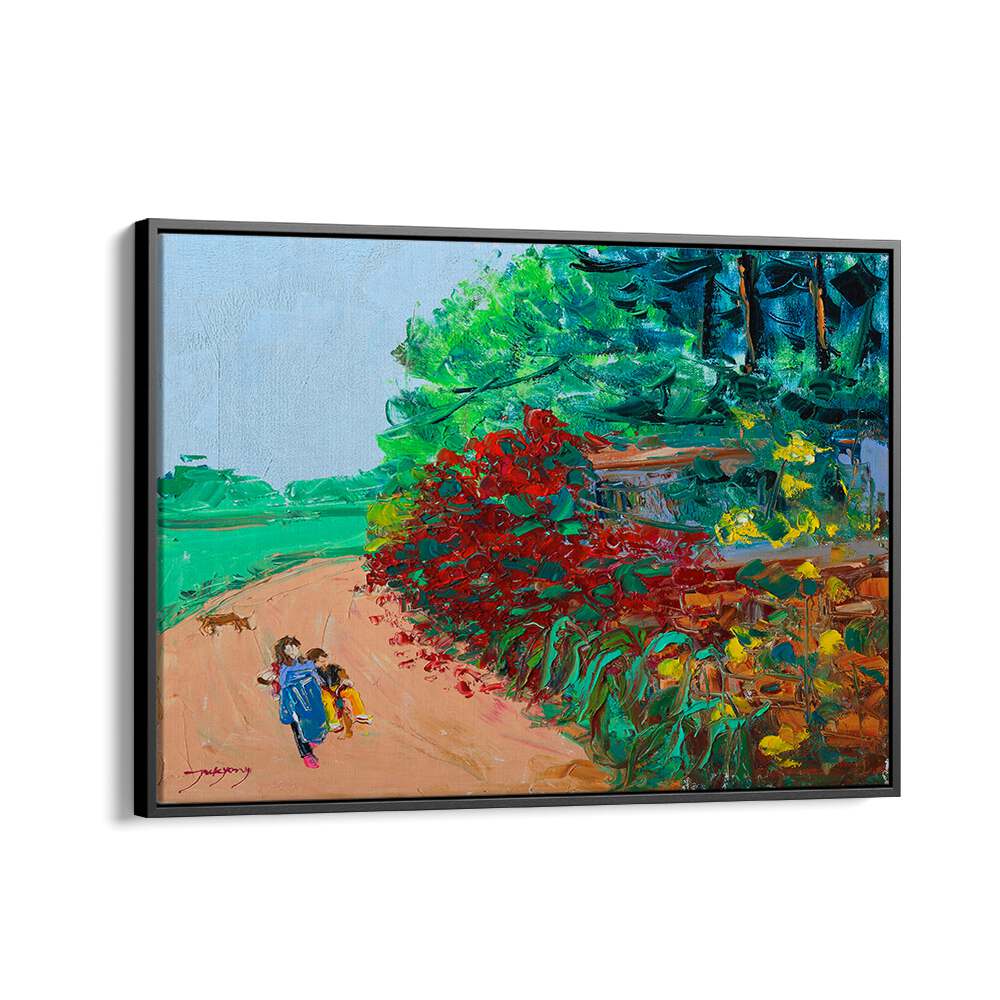 Vibrant scene of children walking along a path, framed by WILD ROSE WALL PATH, LANDSCAPE PAINTINGS. Perfect for home decor.