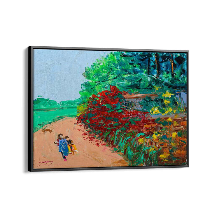 Vibrant scene of children walking along a path, framed by WILD ROSE WALL PATH, LANDSCAPE PAINTINGS. Perfect for home decor.