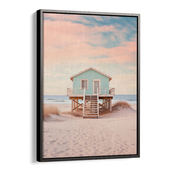 Charming coastal scene with a beach house, perfect for fans of PACIFIC SUNSET BEACH, BEACH PAINTINGS by Philippe Hugonnard.