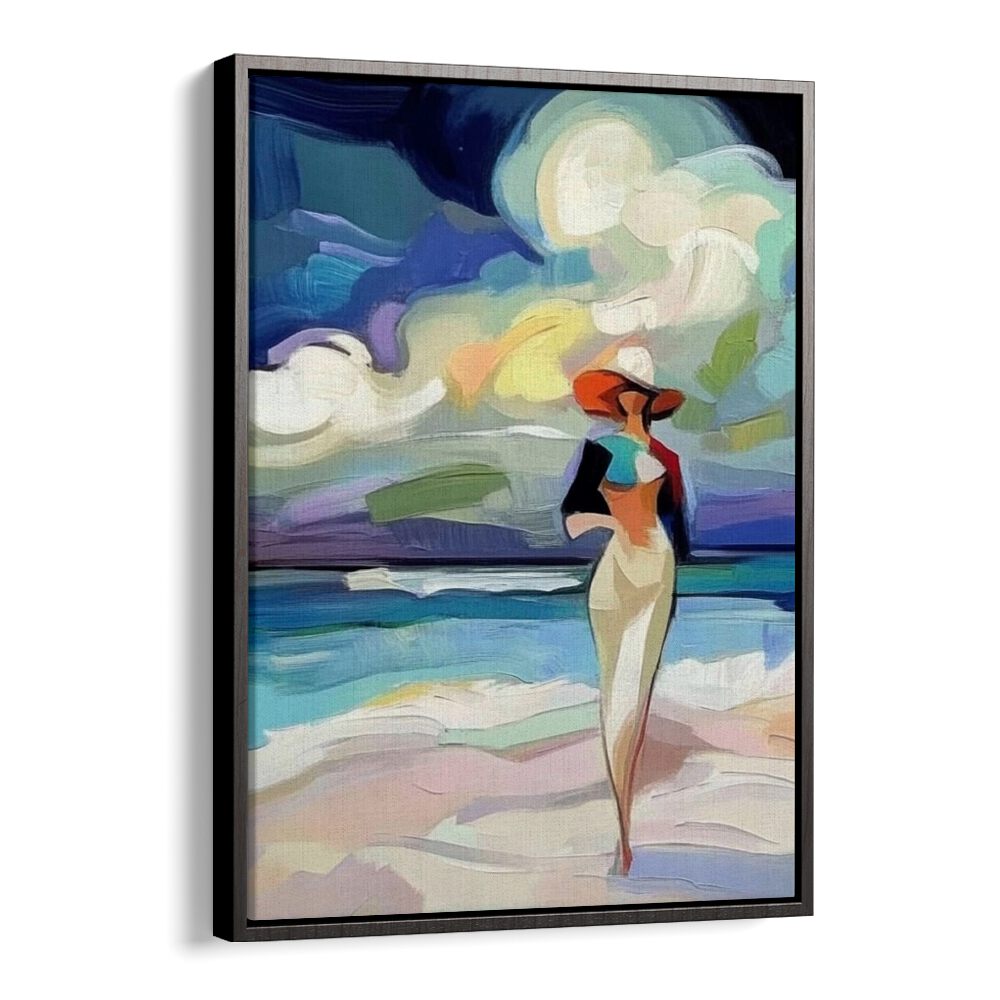 Elegant artwork depicting a WOMAN ON THE BEACH, embodying charm and confidence for summer gatherings.