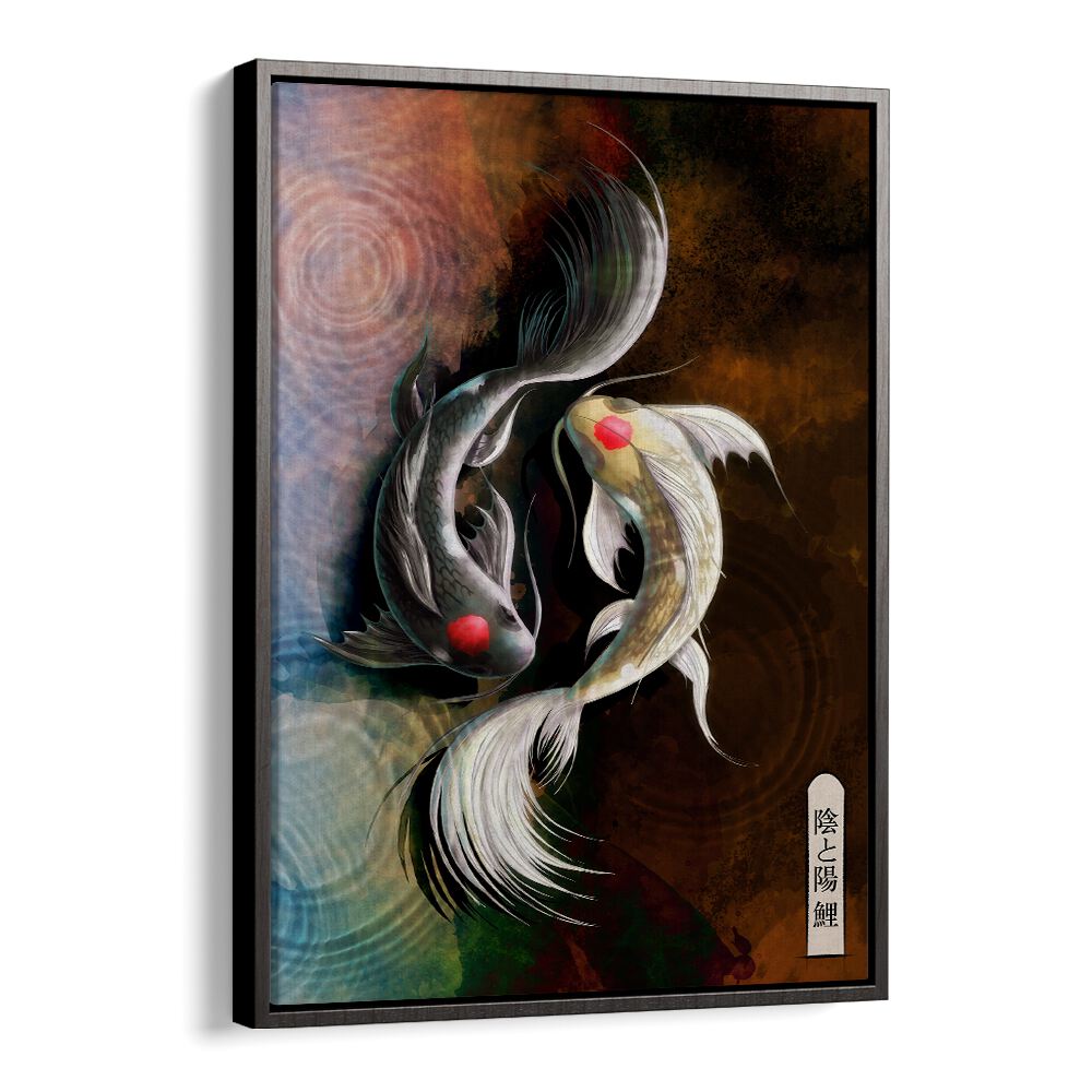 Elegant DARK KOI, JAPANESE PAINTINGS showcasing two koi fish in vibrant colors, perfect for enhancing your decor.