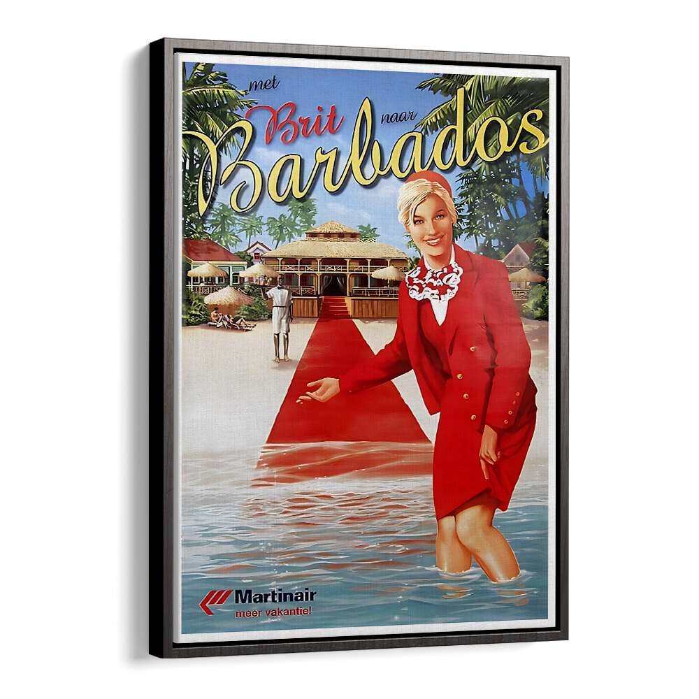 Barbados Vintage Travel Posters showcase a stylish woman on a beach, perfect for transforming your space with charm.